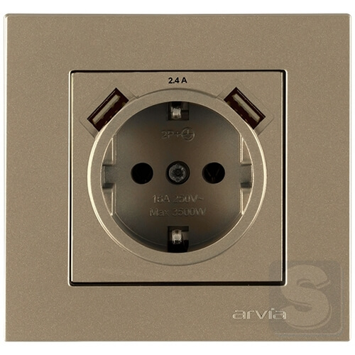 Розетка із заземленням та шторками USB-A + USB-A 5V-2.4A Arvia Electric KAREN Титан (20 05 2000 300)